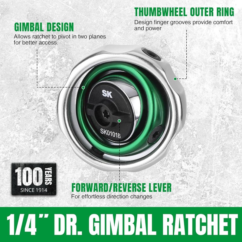 SK 1/4" Drive Gimbal Ratchet, 72 Tooth Gimbal Palm Ratchet, with Reversible Lever, Ideal for Tight Space - Image 3